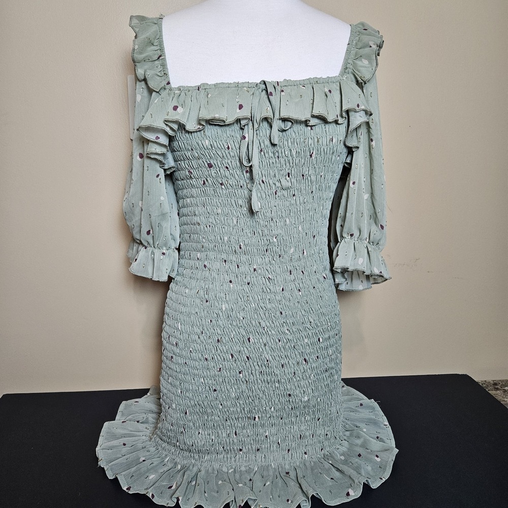 Mi Ami Sage Green Smocked Dress Womens Medium Ruffle Cottagecore Romantic